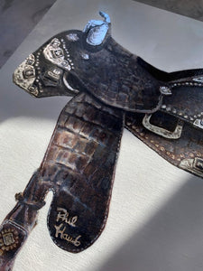 harris leather black alligator saddle original painting closeup left