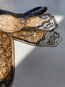 harris leather wildflower saddle original painting closeup right