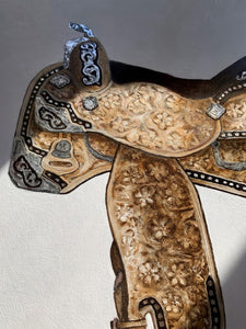 harris leather wildflower saddle painting closeup left